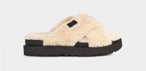 Beige / Black Ugg Fuzz Sugar Cross Women's Slides | Saudi Arabia-2605194