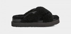 Black Ugg Fuzz Sugar Cross Women's Slides | Saudi Arabia-4179203