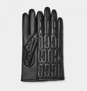 Black Ugg Leather Quilted Logo Women's Gloves | Saudi Arabia-8357406