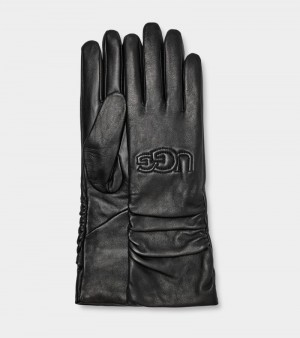 Black Ugg Leather Scrunched Logo Women's Gloves | Saudi Arabia-5486137