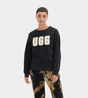 Black / Cream Ugg Madeline Fuzzy Logo Crewneck Women's Sweatshirts | Saudi Arabia-0518764