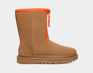 Brown Ugg Classic Short Zipper Tape Logo Women's Boots | Saudi Arabia-2478035