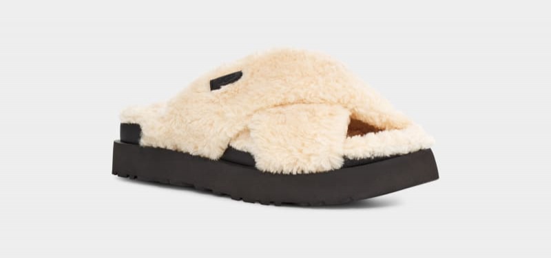 Beige / Black Ugg Fuzz Sugar Cross Women's Slides | Saudi Arabia-2605194