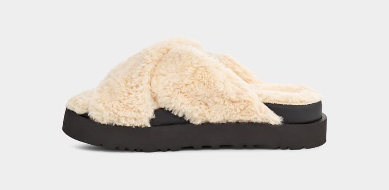 Beige / Black Ugg Fuzz Sugar Cross Women's Slides | Saudi Arabia-2605194