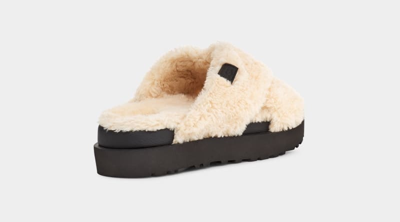 Beige / Black Ugg Fuzz Sugar Cross Women's Slides | Saudi Arabia-2605194