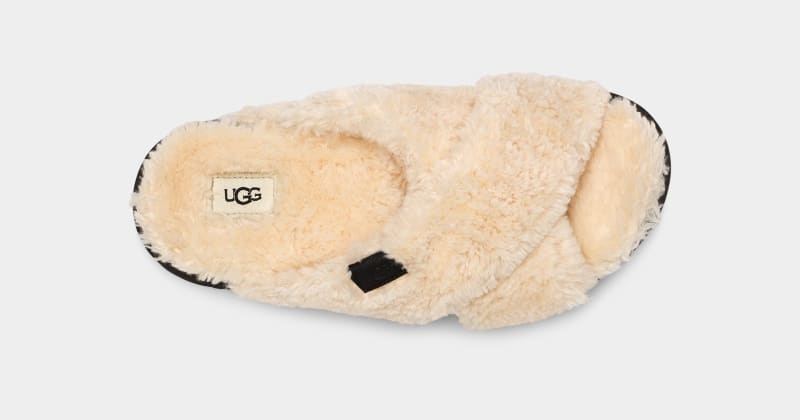 Beige / Black Ugg Fuzz Sugar Cross Women's Slides | Saudi Arabia-2605194