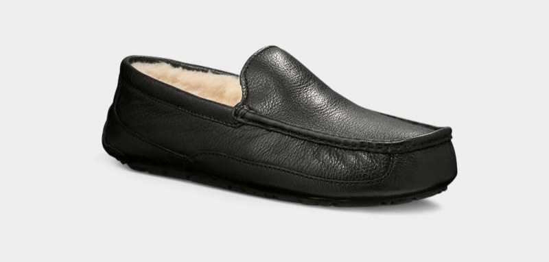 Black Ugg Ascot Leather Men's Slippers | Saudi Arabia-8957136