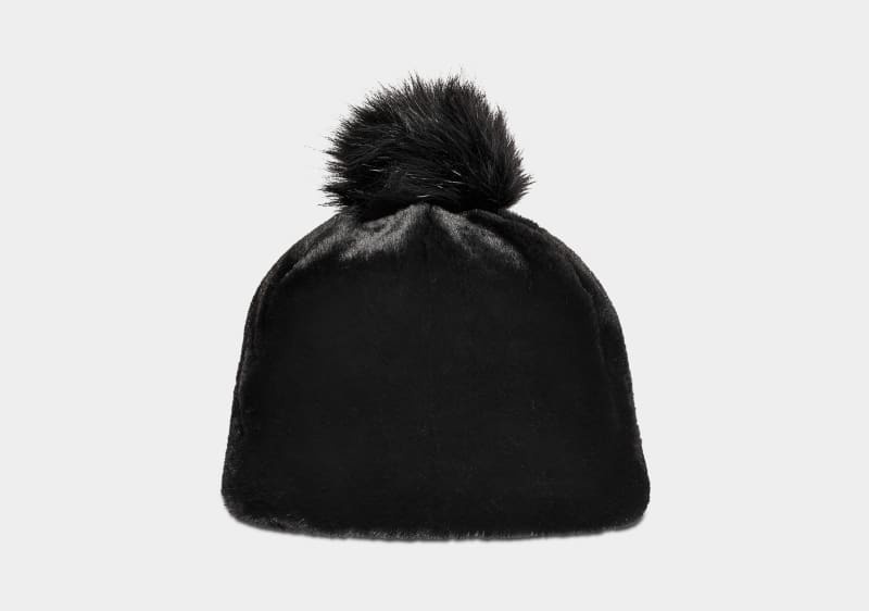 Black Ugg Faux Fur W Pom Women\'s Beanie | Saudi Arabia-7340561