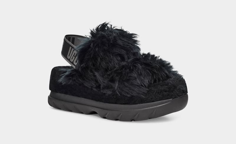 Black Ugg Fluff Sugar Women's Sandals | Saudi Arabia-3617459