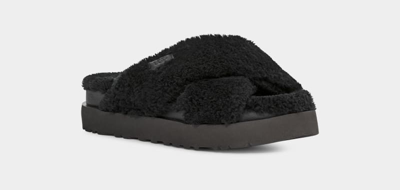 Black Ugg Fuzz Sugar Cross Women's Slides | Saudi Arabia-4179203