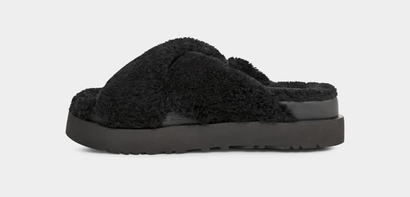 Black Ugg Fuzz Sugar Cross Women's Slides | Saudi Arabia-4179203