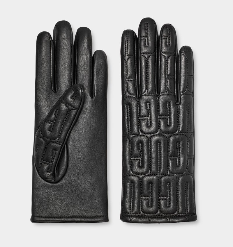 Black Ugg Leather Quilted Logo Women's Gloves | Saudi Arabia-8357406