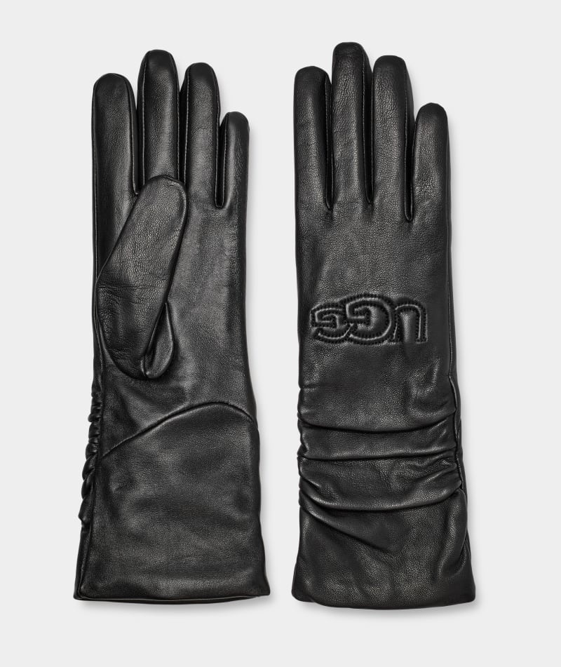 Black Ugg Leather Scrunched Logo Women's Gloves | Saudi Arabia-5486137