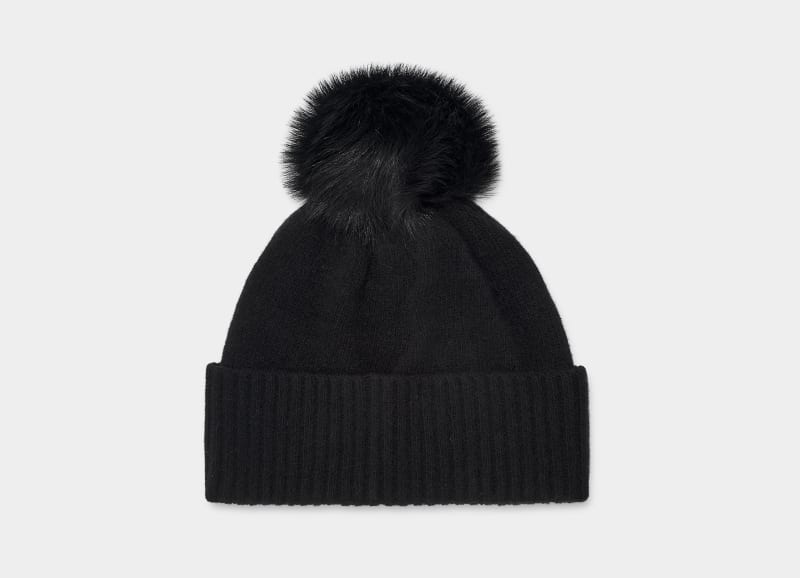 Black Ugg Pryce Rib Knit Pom Women's Hats | Saudi Arabia-0754183