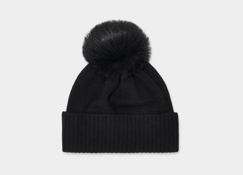 Black Ugg Pryce Rib Knit Pom Women\'s Hats | Saudi Arabia-0754183