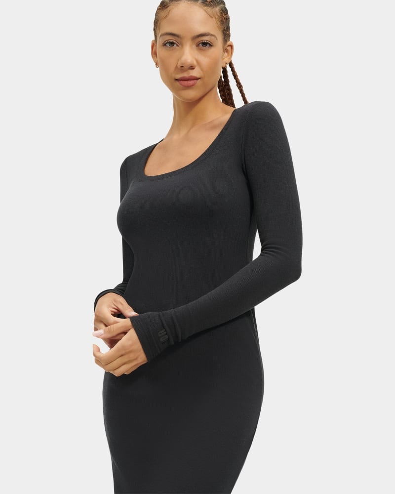 Black Ugg Sariah Ribbed Long Sleeve Women's Dress | Saudi Arabia-8563421