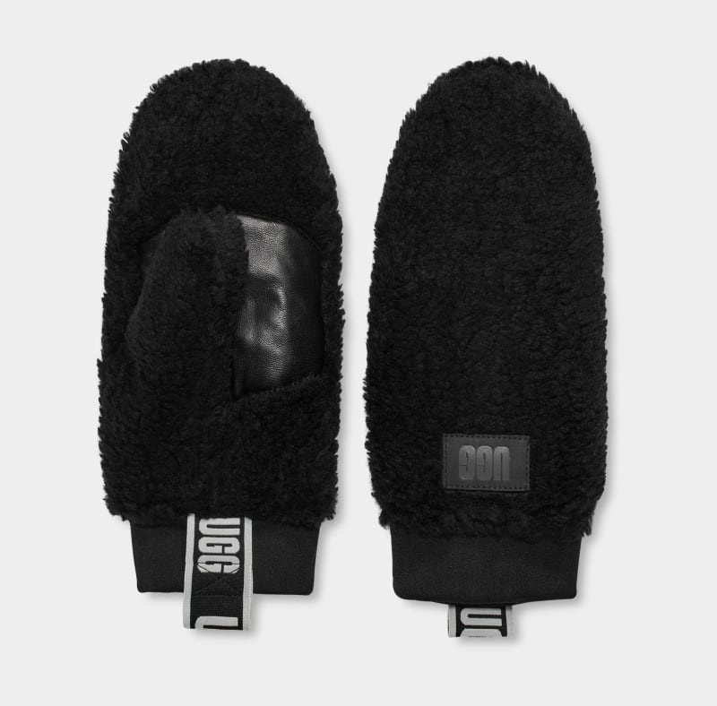 Black Ugg Sherpa W Logo Tape Women's Mittens | Saudi Arabia-3615789