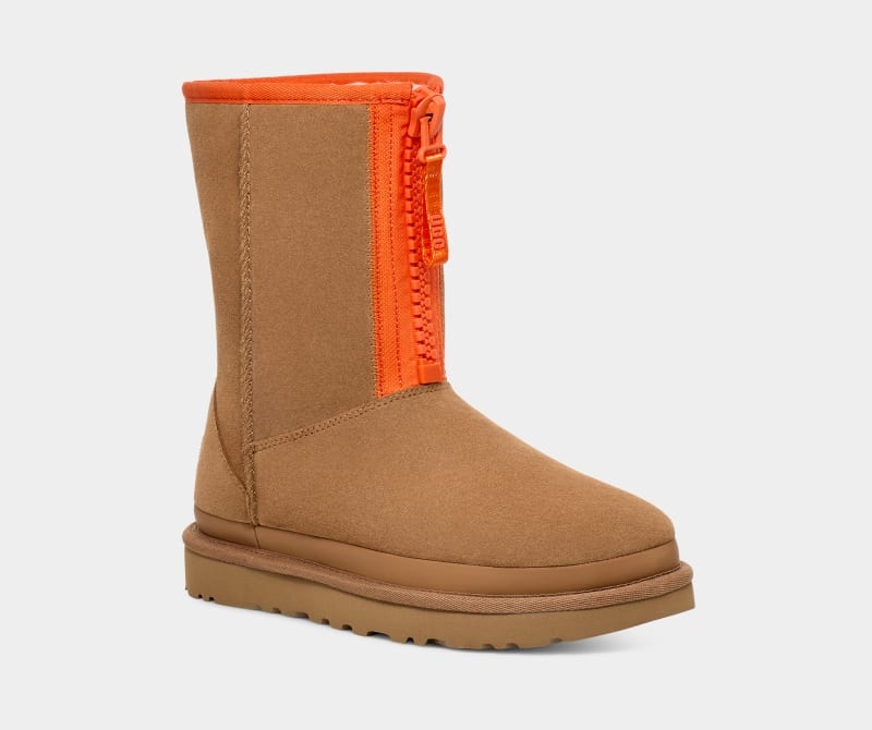 Brown Ugg Classic Short Zipper Tape Logo Women's Boots | Saudi Arabia-2478035