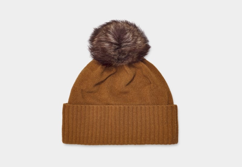 Brown Ugg Pryce Rib Knit Pom Women\'s Hats | Saudi Arabia-0189425