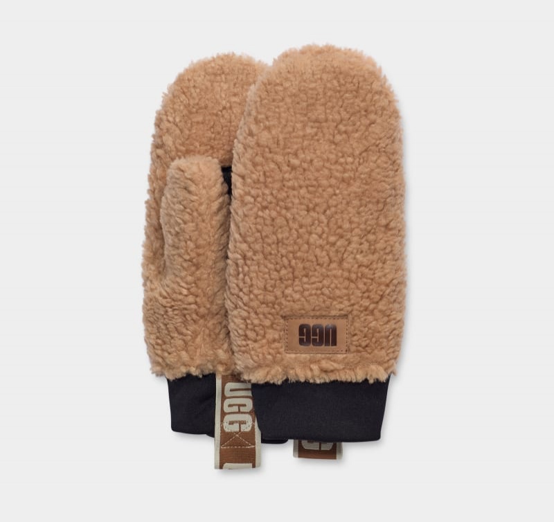 Brown Ugg Sherpa W Logo Tape Women\'s Mittens | Saudi Arabia-1346892