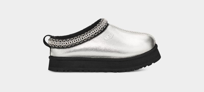 Silver Metal Ugg Tazz Leather Kids\' Slippers | Saudi Arabia-4657218