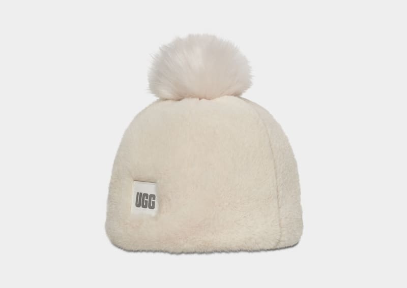 White Ugg Faux Fur W Pom Women's Beanie | Saudi Arabia-4356928